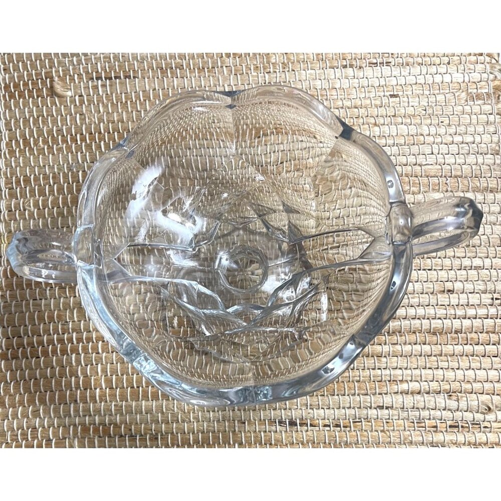 Vintage Crystal Glass Candy Dish With Dual Handles & Scalloped Edges